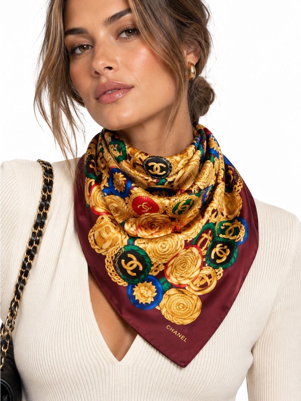CHANEL Burgundy & Gold CC Logo Jewelry Motif Silk Scarf